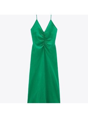 Zara Green Ruched V-Neck Midi Slip Dress